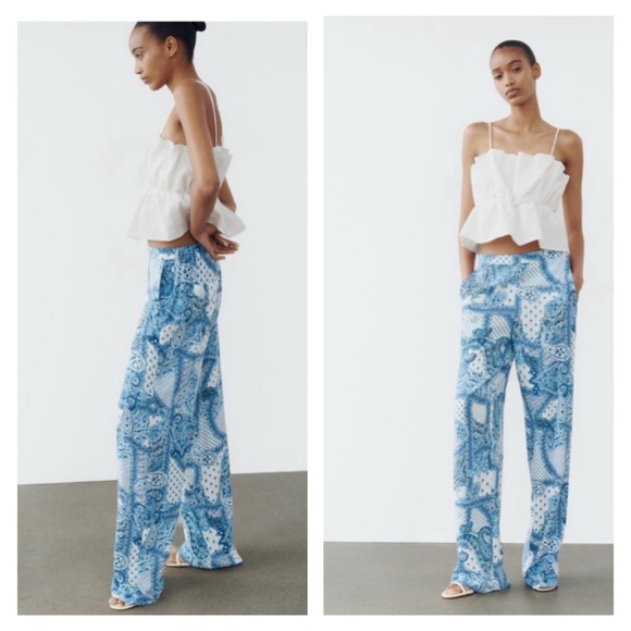 Zara Pants - ZARA Wide Leg Paisley Blue  Linen Pants SZ Medium